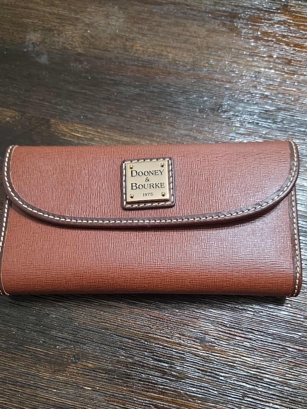 Dooney & Bourke Chestnut Brown Leather Flap Wallet with Brass Plaque